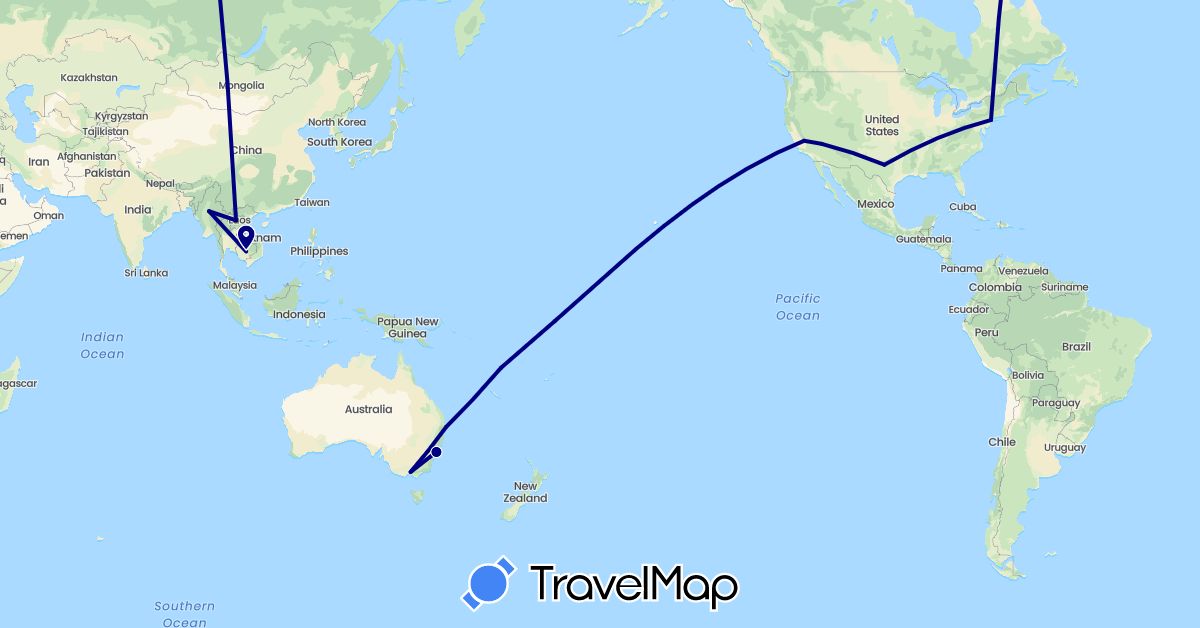 TravelMap itinerary: driving in Australia, Cambodia, Laos, Myanmar (Burma), United States, Vanuatu (Asia, North America, Oceania)